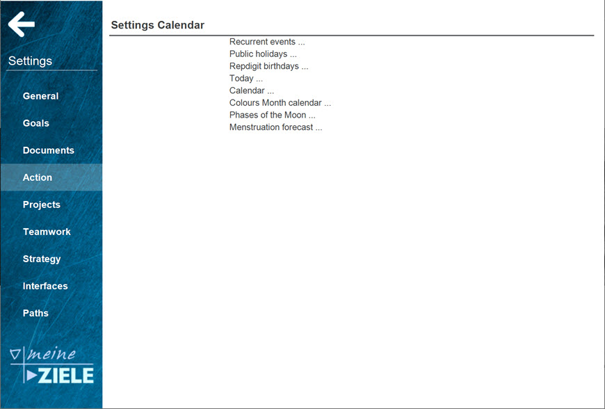 calendar settings meineZIELE